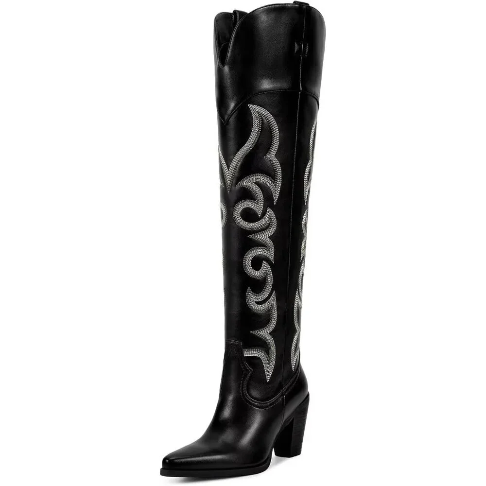 Women Over Knee Black Faux Leather Pull On Tab Chunky Heel Pointed Toe Boots